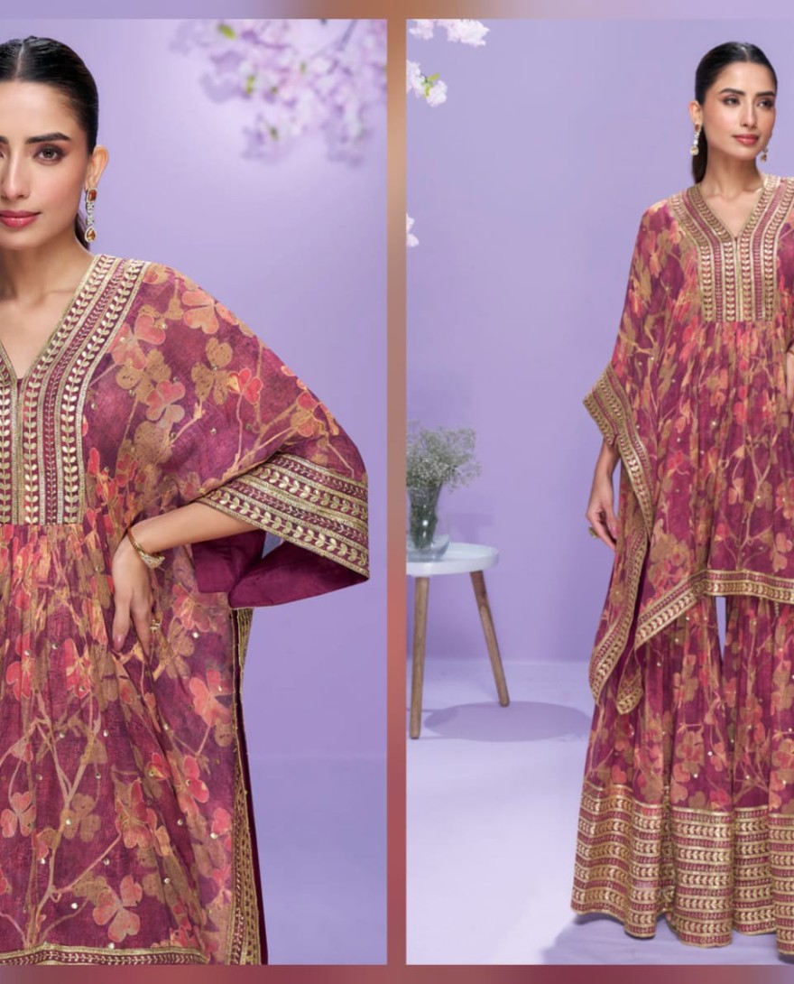 10060 - Designer Deep Maroon Georgette Kaftan Sharara Suit For Indian Wedding and Pakistani Festival