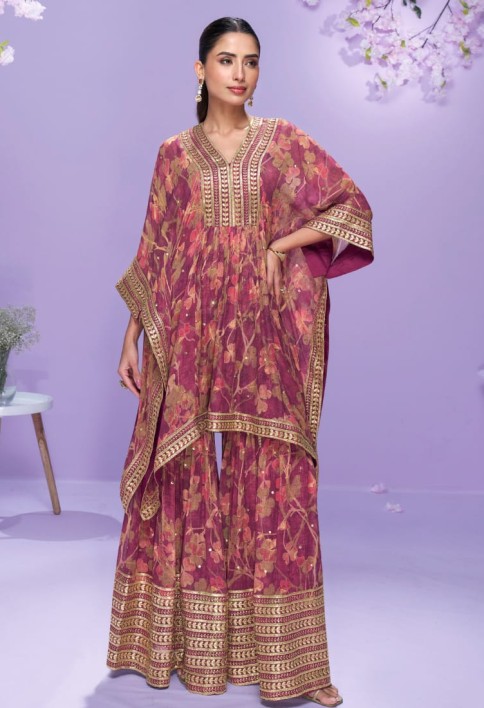 Designer Deep Maroon Georgette Kaftan Sharara Suit For Indian Wedding and Pakistani Festival