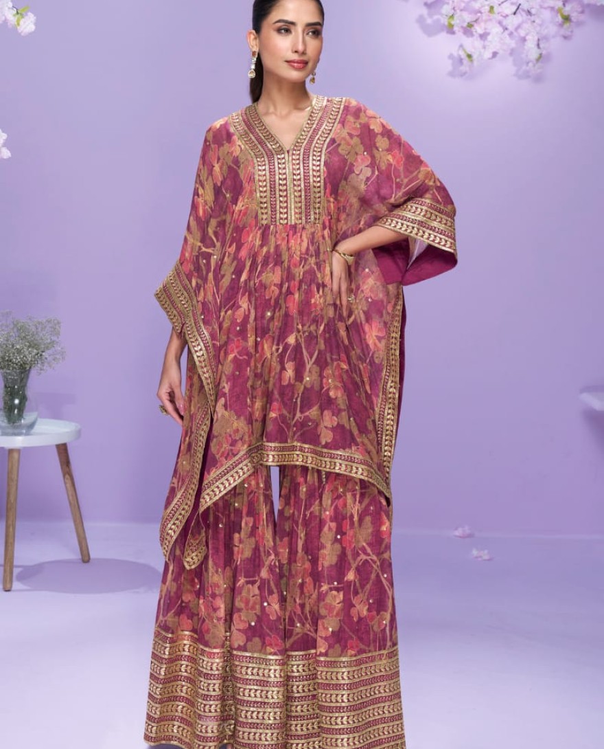 10060 - Designer Deep Maroon Georgette Kaftan Sharara Suit For Indian Wedding and Pakistani Festival