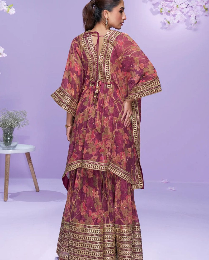 10060 - Designer Deep Maroon Georgette Kaftan Sharara Suit For Indian Wedding and Pakistani Festival