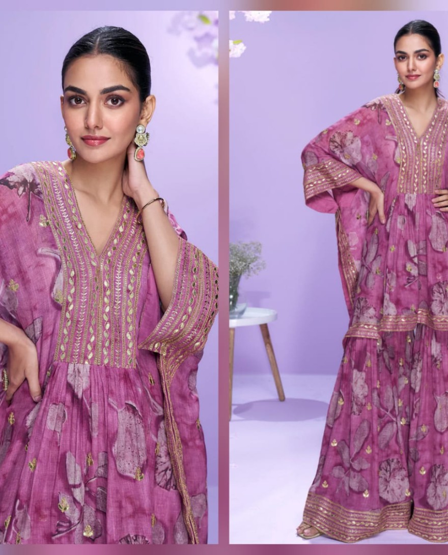 10061 - Designer Dusty Pink Floral Georgette Kaftan Sharara Suit For Indian Wedding and Pakistani Festival