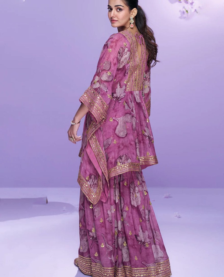 10061 - Designer Dusty Pink Floral Georgette Kaftan Sharara Suit For Indian Wedding and Pakistani Festival