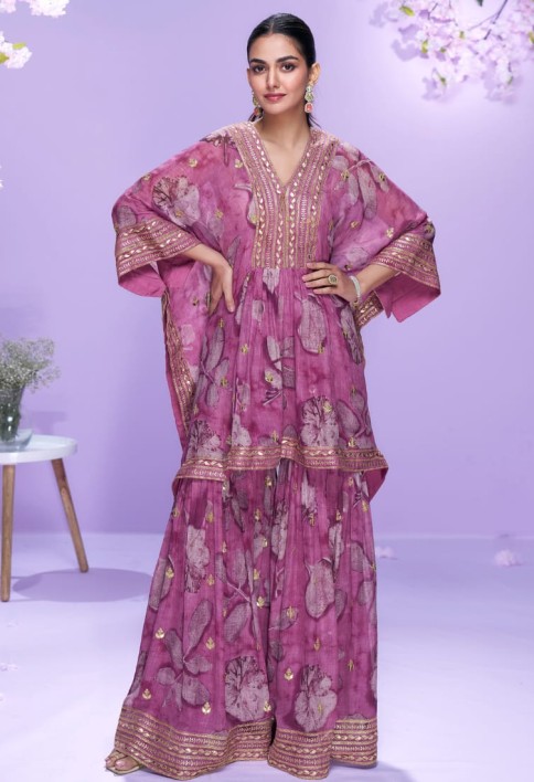 Designer Dusty Pink Floral Georgette Kaftan Sharara Suit For Indian Wedding and Pakistani Festival