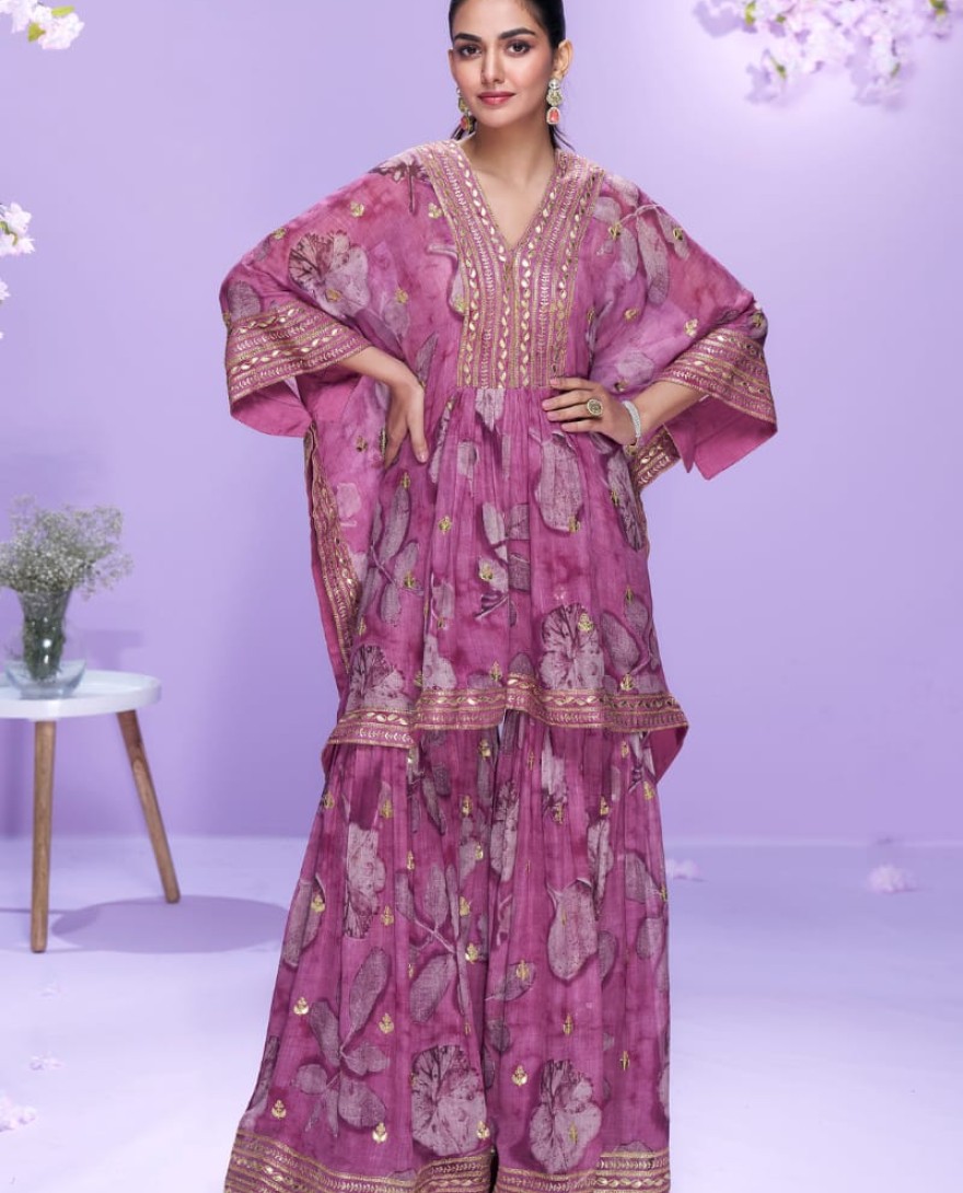 10061 - Designer Dusty Pink Floral Georgette Kaftan Sharara Suit For Indian Wedding and Pakistani Festival