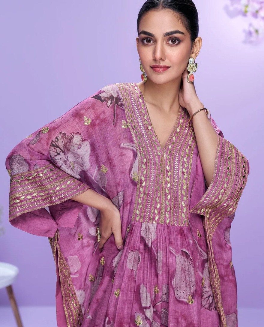 10061 - Designer Dusty Pink Floral Georgette Kaftan Sharara Suit For Indian Wedding and Pakistani Festival