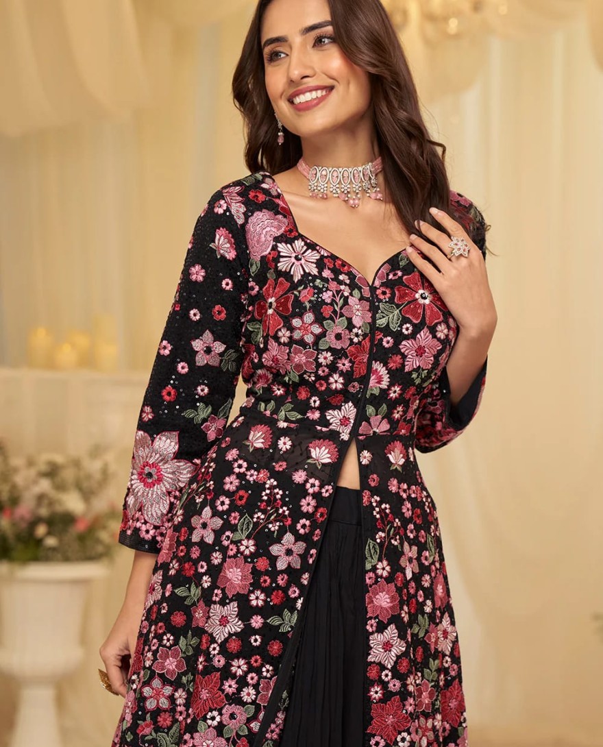 BLACK - Front Slit Black Lehenga Skirt Anarkali Suit
