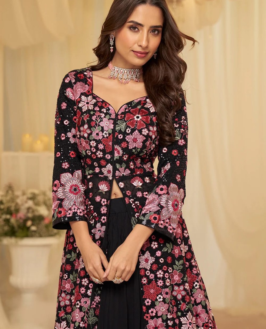 BLACK - Front Slit Black Lehenga Skirt Anarkali Suit