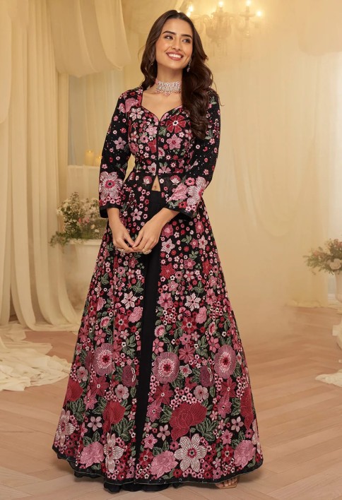 Front Slit Black Lehenga Skirt Anarkali Suit