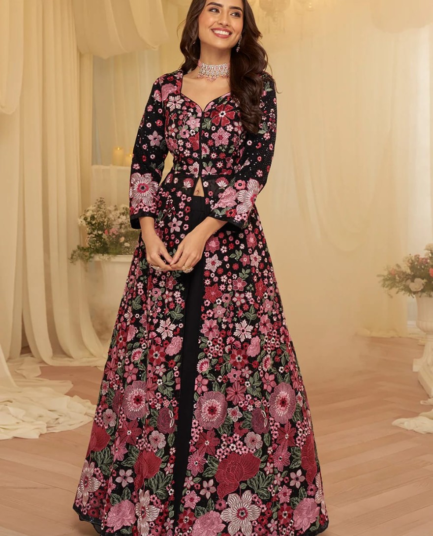 BLACK - Front Slit Black Lehenga Skirt Anarkali Suit