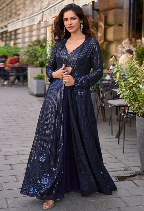 Navy Blue Jacket & Crop Top Style Indo Western Suit – Cocktail & Wedding Wear