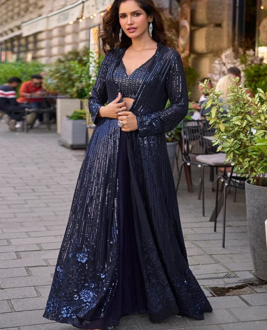 BLUE - Navy Blue Jacket & Crop Top Style Indo Western Suit – Cocktail & Wedding Wear