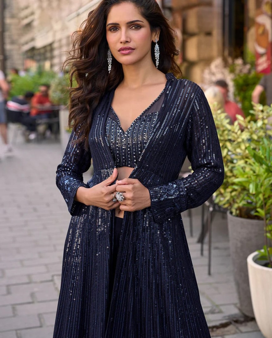 BLUE - Navy Blue Jacket & Crop Top Style Indo Western Suit – Cocktail & Wedding Wear