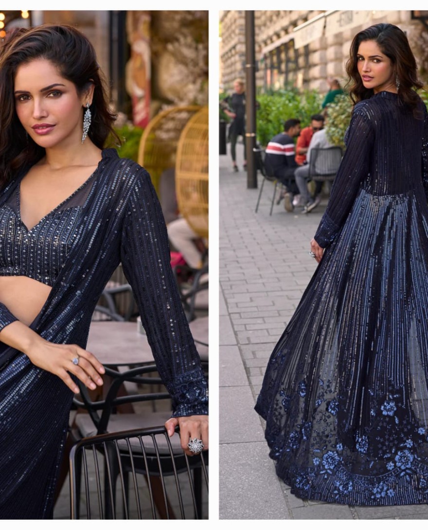 BLUE - Navy Blue Jacket & Crop Top Style Indo Western Suit – Cocktail & Wedding Wear