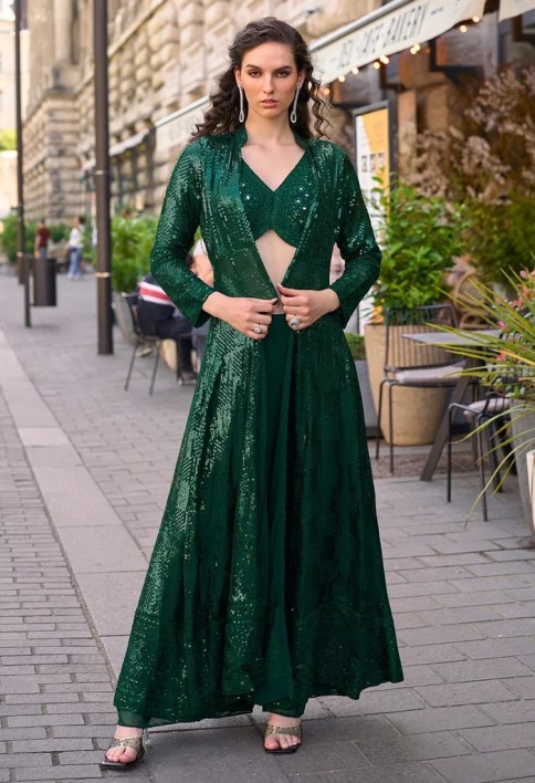 Green Jacket & Crop Top Style Indo Western Suit – Wedding & Cocktail Party Wear