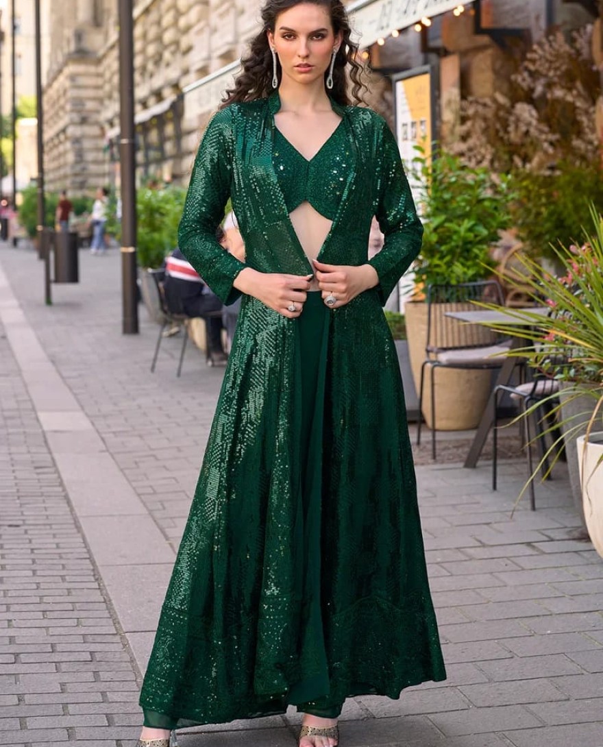 GREEN - Green Jacket & Crop Top Style Indo Western Suit – Wedding & Cocktail Party Wear
