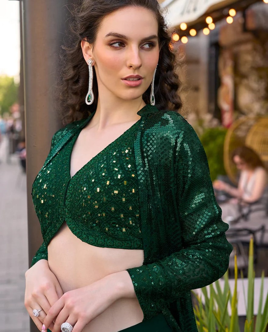 GREEN - Green Jacket & Crop Top Style Indo Western Suit – Wedding & Cocktail Party Wear