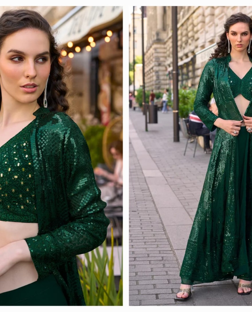 GREEN - Green Jacket & Crop Top Style Indo Western Suit – Wedding & Cocktail Party Wear