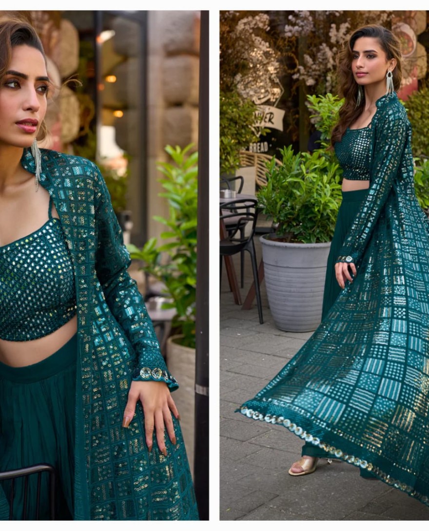GREEN - Bottle Green Jacket & Crop Top Style Indo Western Suit – Wedding & Cocktail Wear