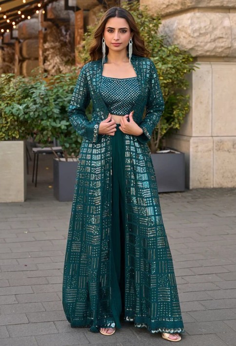 Bottle Green Jacket & Crop Top Style Indo Western Suit – Wedding & Cocktail Wear