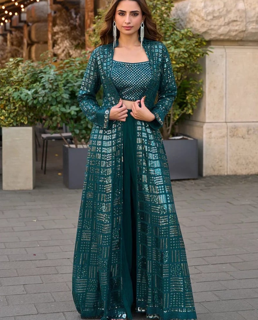 GREEN - Bottle Green Jacket & Crop Top Style Indo Western Suit – Wedding & Cocktail Wear