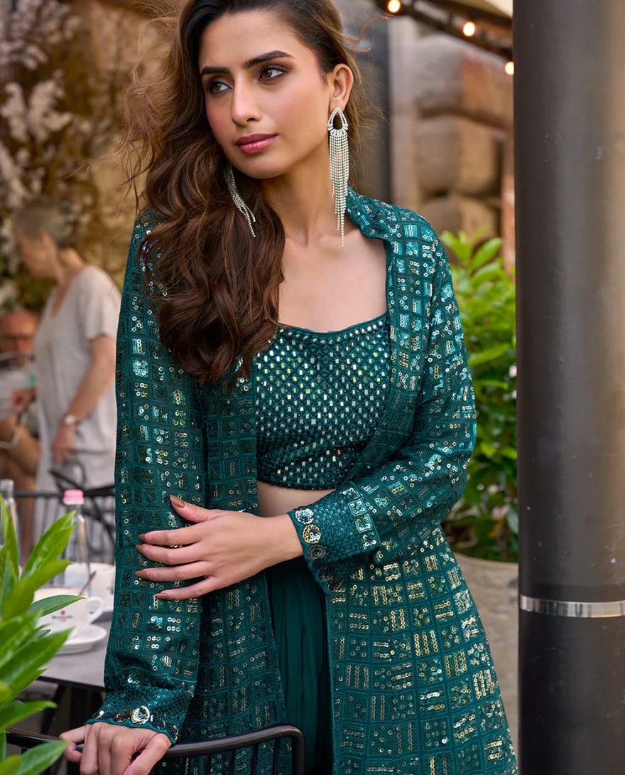 GREEN - Bottle Green Jacket & Crop Top Style Indo Western Suit – Wedding & Cocktail Wear