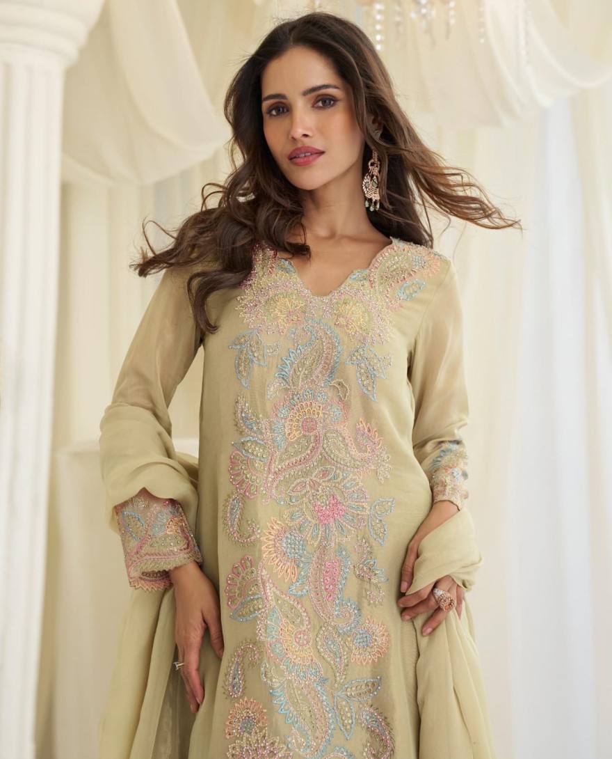 GREEN - Light Green Heavy Embroidered Style Suit