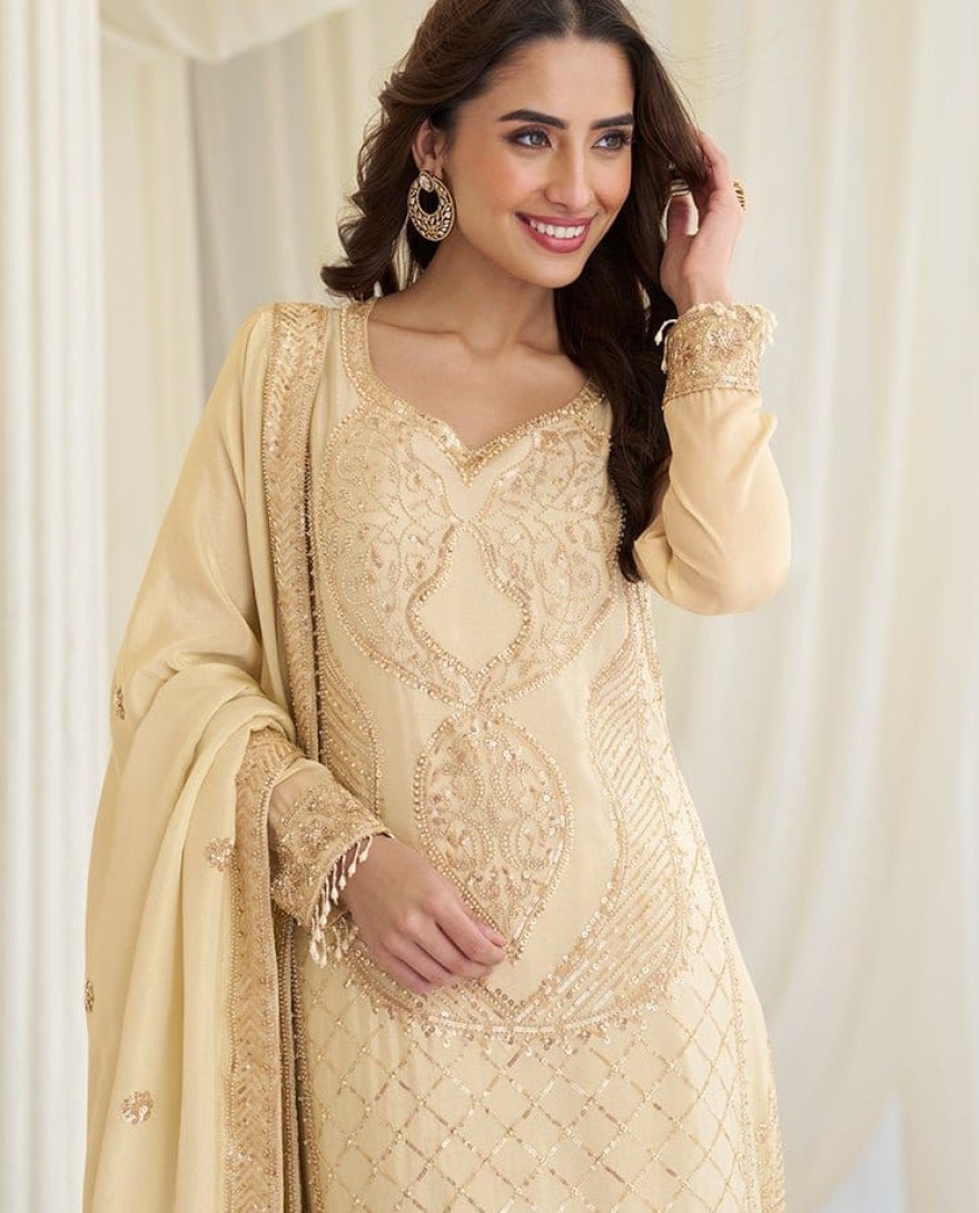 YELLOW - Yellow Heavy Embroidered Style Suit.