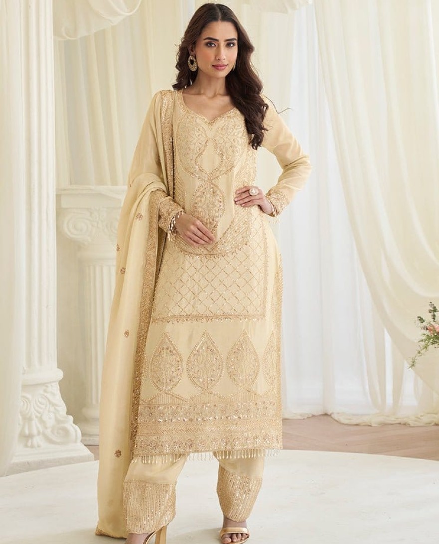 YELLOW - Yellow Heavy Embroidered Style Suit.