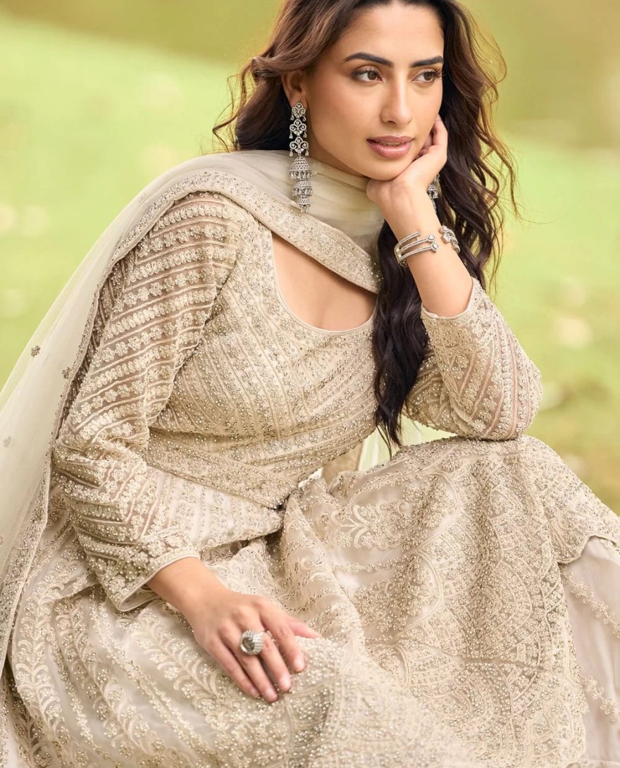BEIGE - Beads and Embroidered Work Net Palazzo Salwar Suit In Beige Colour