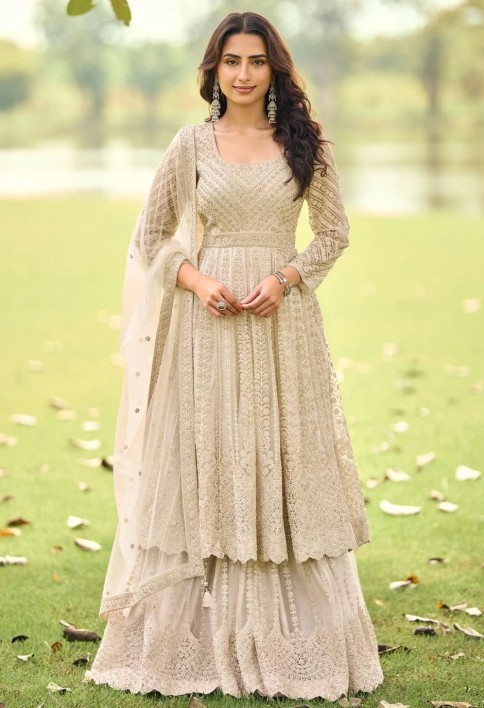 Beads and Embroidered Work Net Palazzo Salwar Suit In Beige Colour