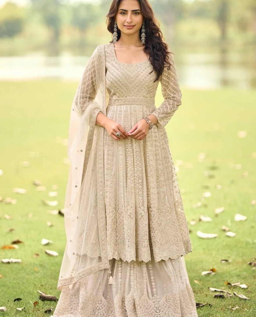 BEIGE - Beads and Embroidered Work Net Palazzo Salwar Suit In Beige Colour