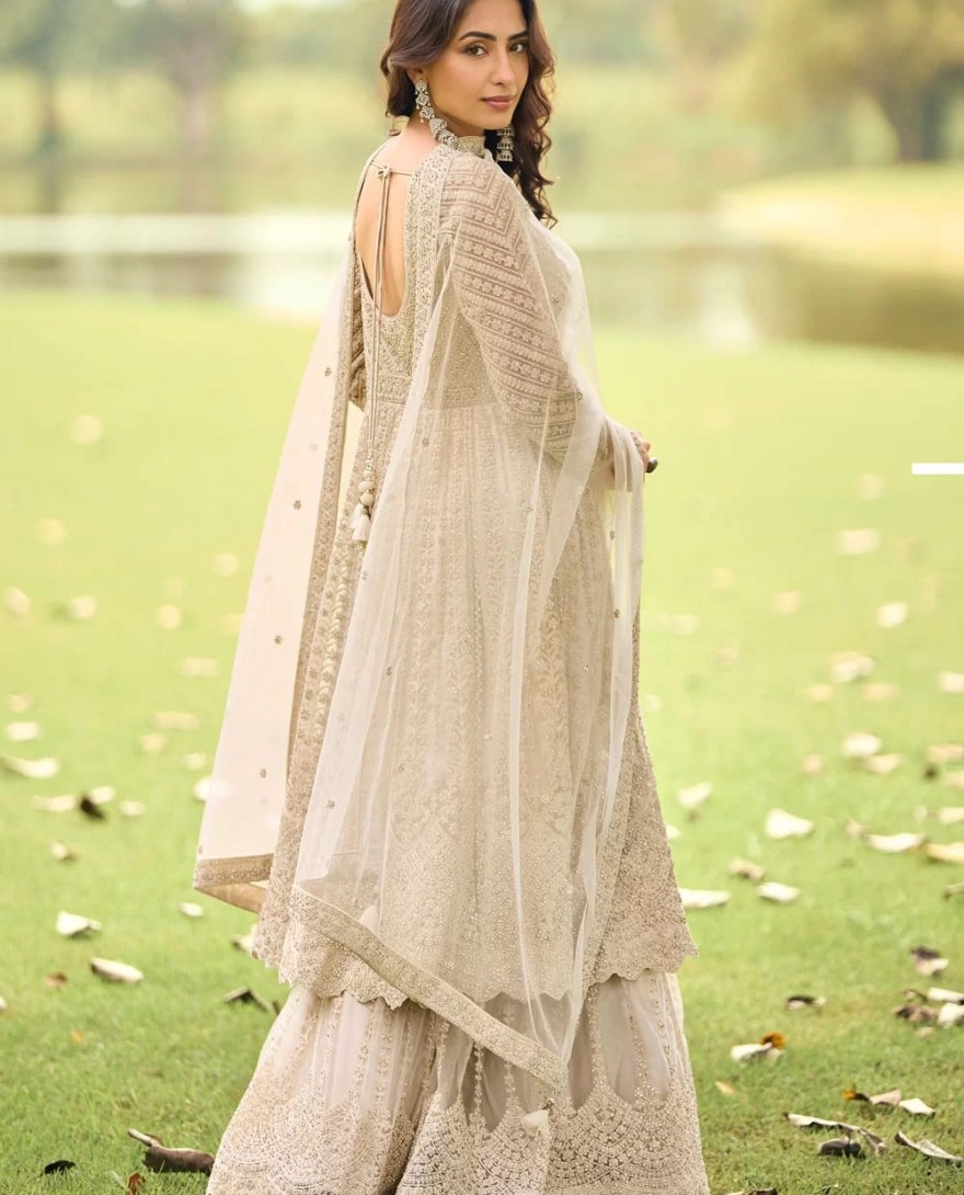 BEIGE - Beads and Embroidered Work Net Palazzo Salwar Suit In Beige Colour