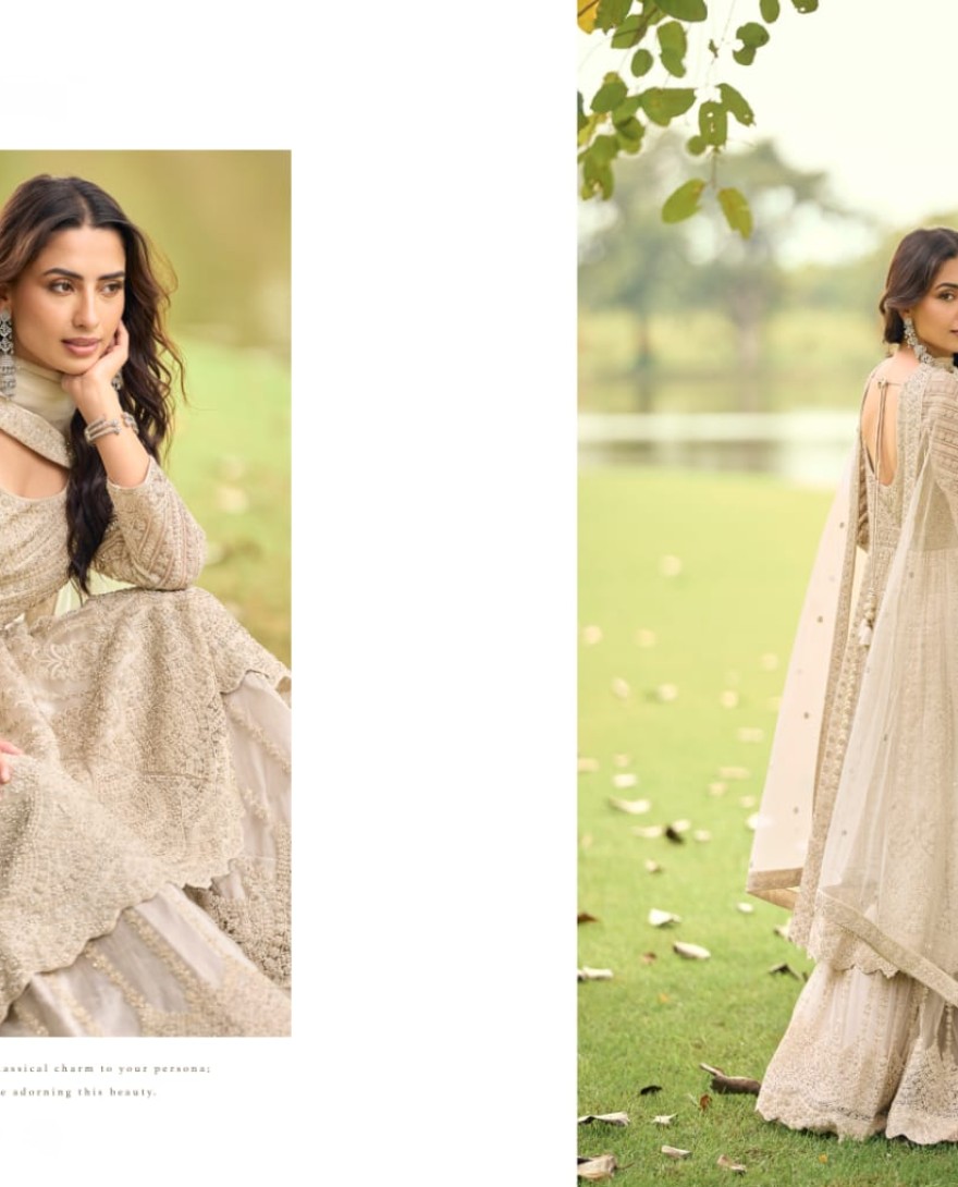 BEIGE - Beads and Embroidered Work Net Palazzo Salwar Suit In Beige Colour