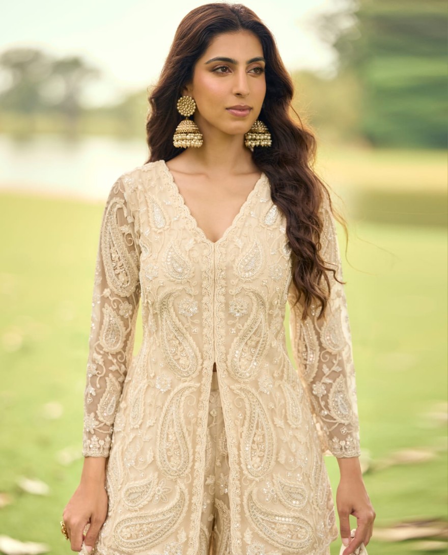 CREAM - Cream Net Readymade Salwar Suit