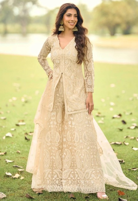 Cream Net Readymade Salwar Suit