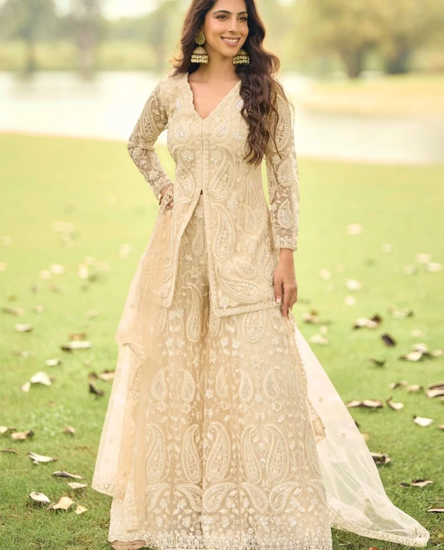 CREAM - Cream Net Readymade Salwar Suit