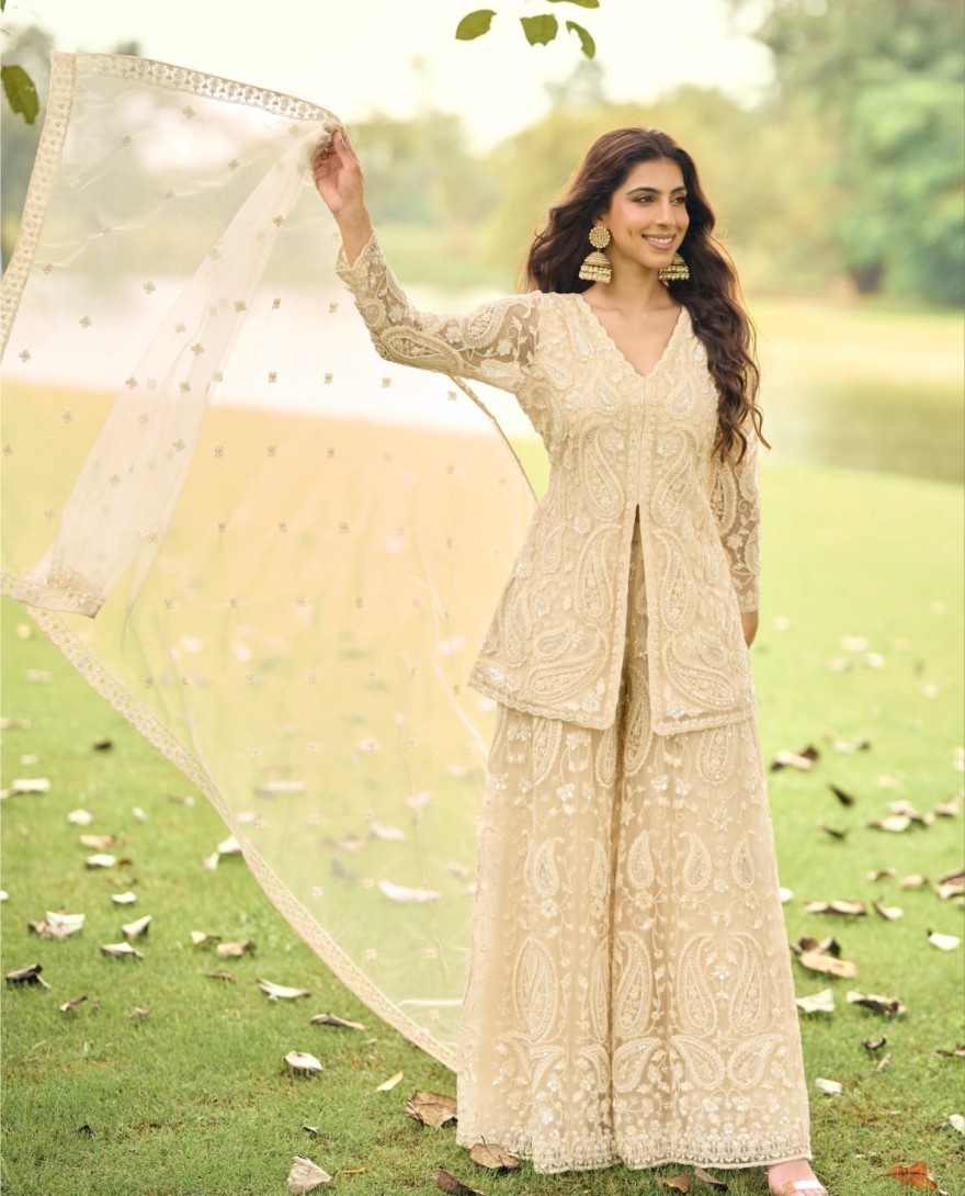 CREAM - Cream Net Readymade Salwar Suit