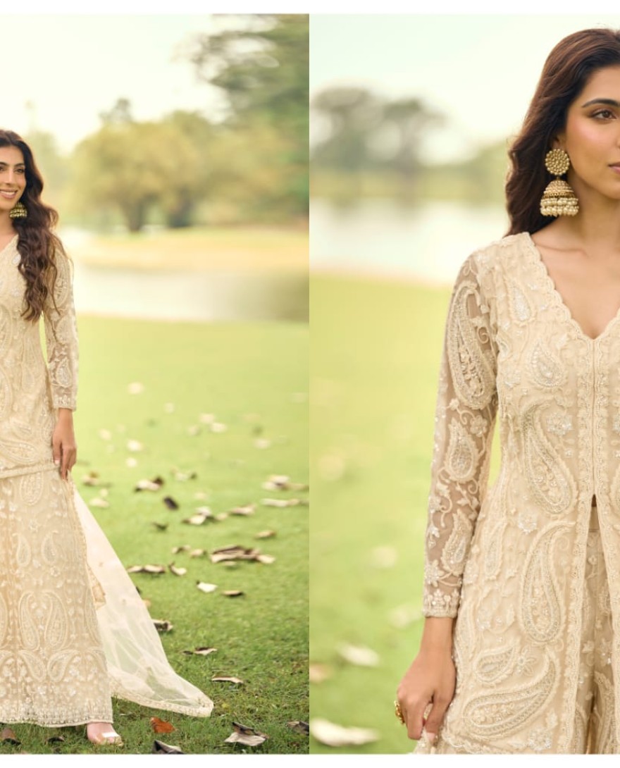 CREAM - Cream Net Readymade Salwar Suit