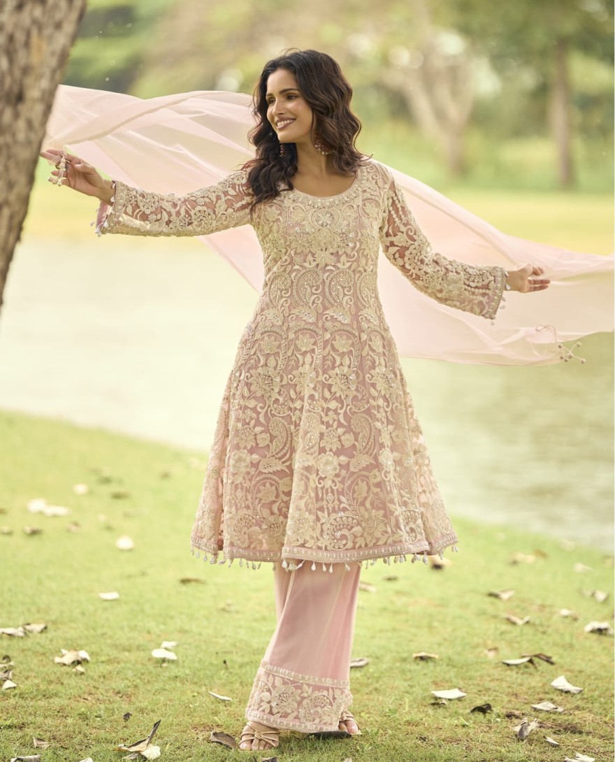 PINK - Flattering Pink Net Palazzo Salwar Suit with Beads and Embroidered Work