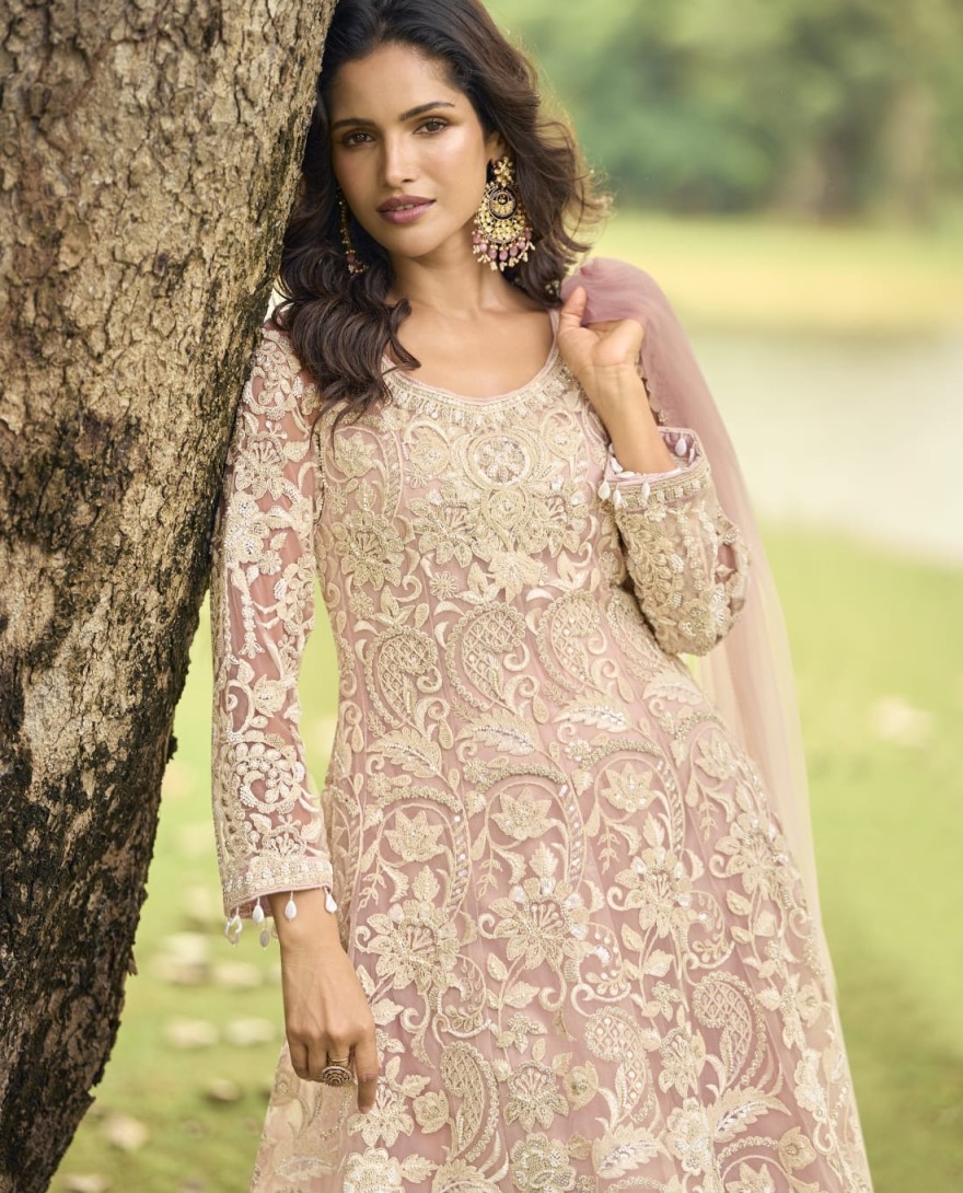 PINK - Flattering Pink Net Palazzo Salwar Suit with Beads and Embroidered Work