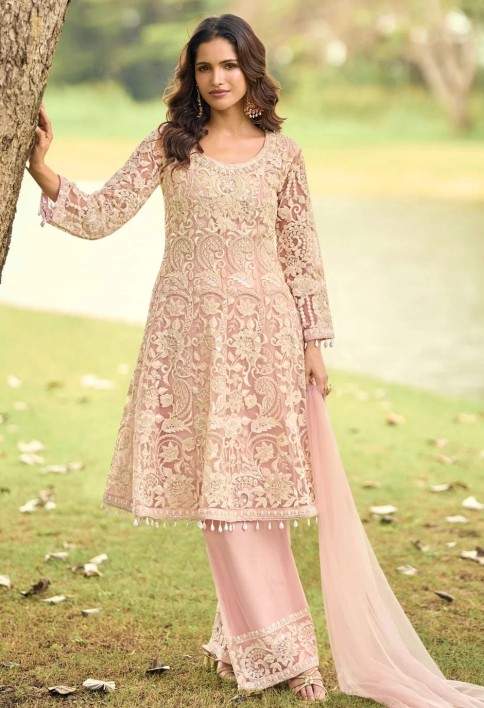 Flattering Pink Net Palazzo Salwar Suit with Beads and Embroidered Work