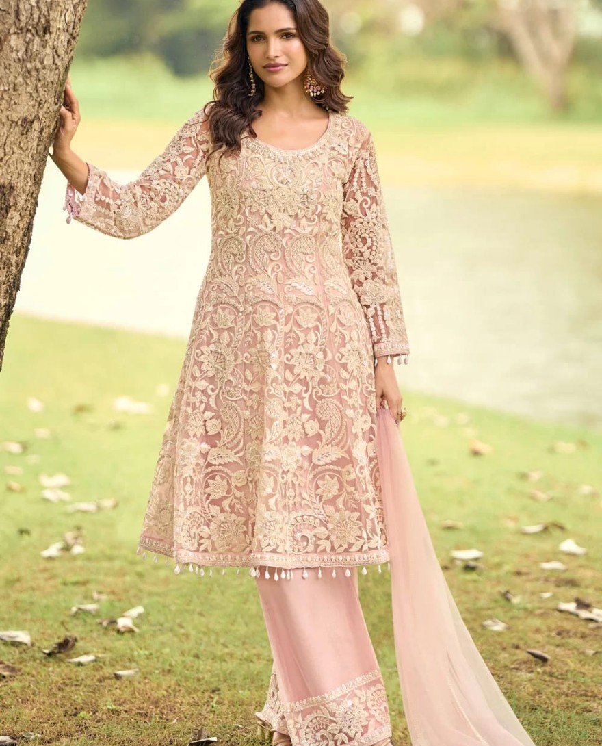 PINK - Flattering Pink Net Palazzo Salwar Suit with Beads and Embroidered Work