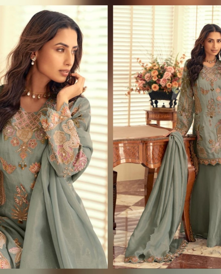 GREEN - Smoke Grey Georgette Palazzo Kameez with Beads Work