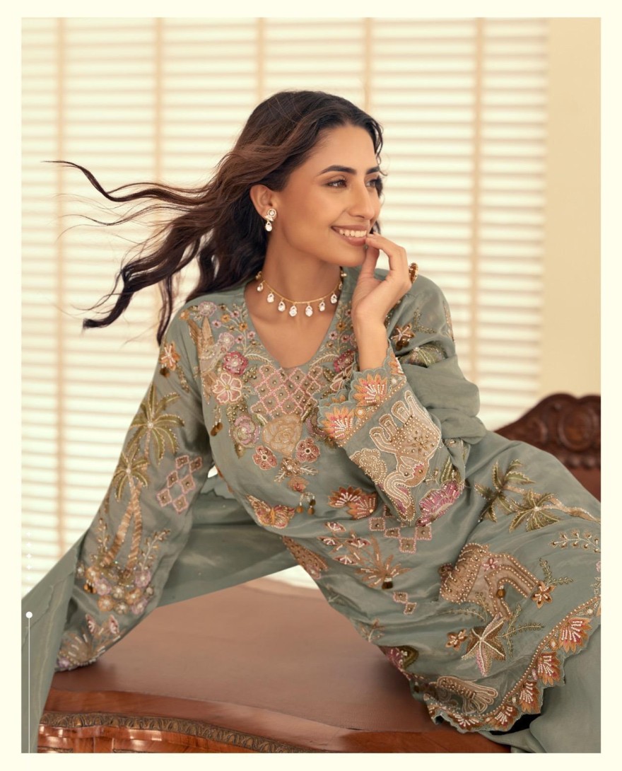 GREEN - Smoke Grey Georgette Palazzo Kameez with Beads Work