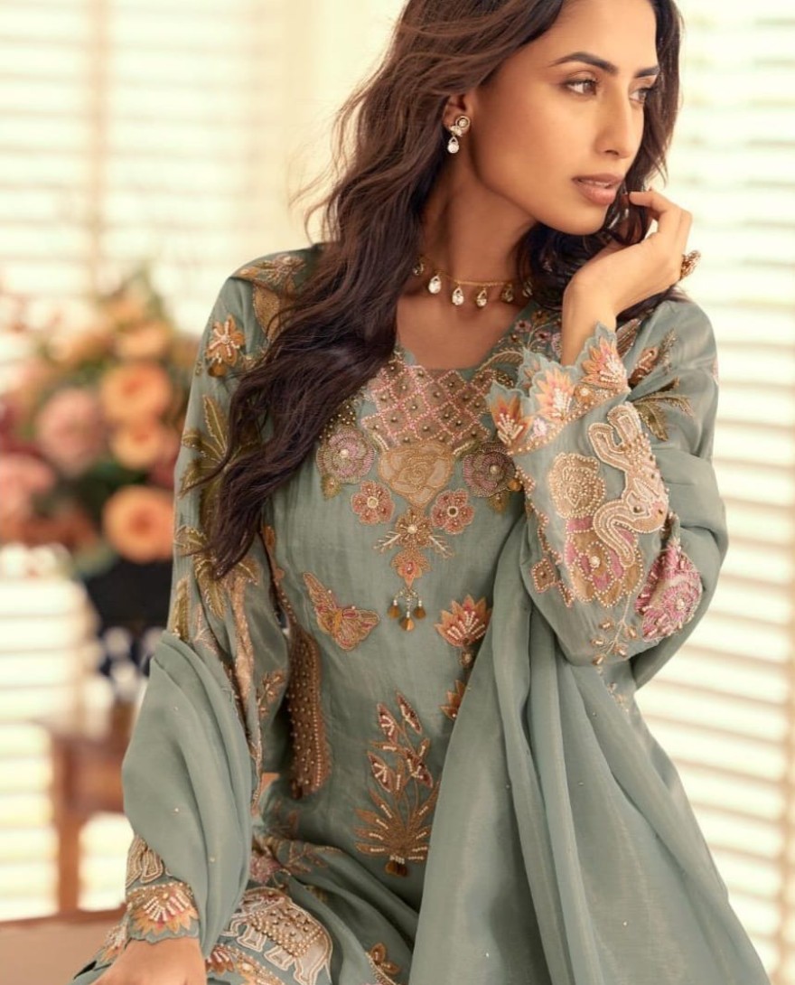 GREEN - Smoke Grey Georgette Palazzo Kameez with Beads Work