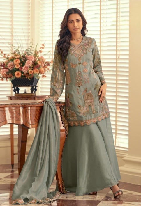 Smoke Grey Georgette Palazzo Kameez with Beads Work