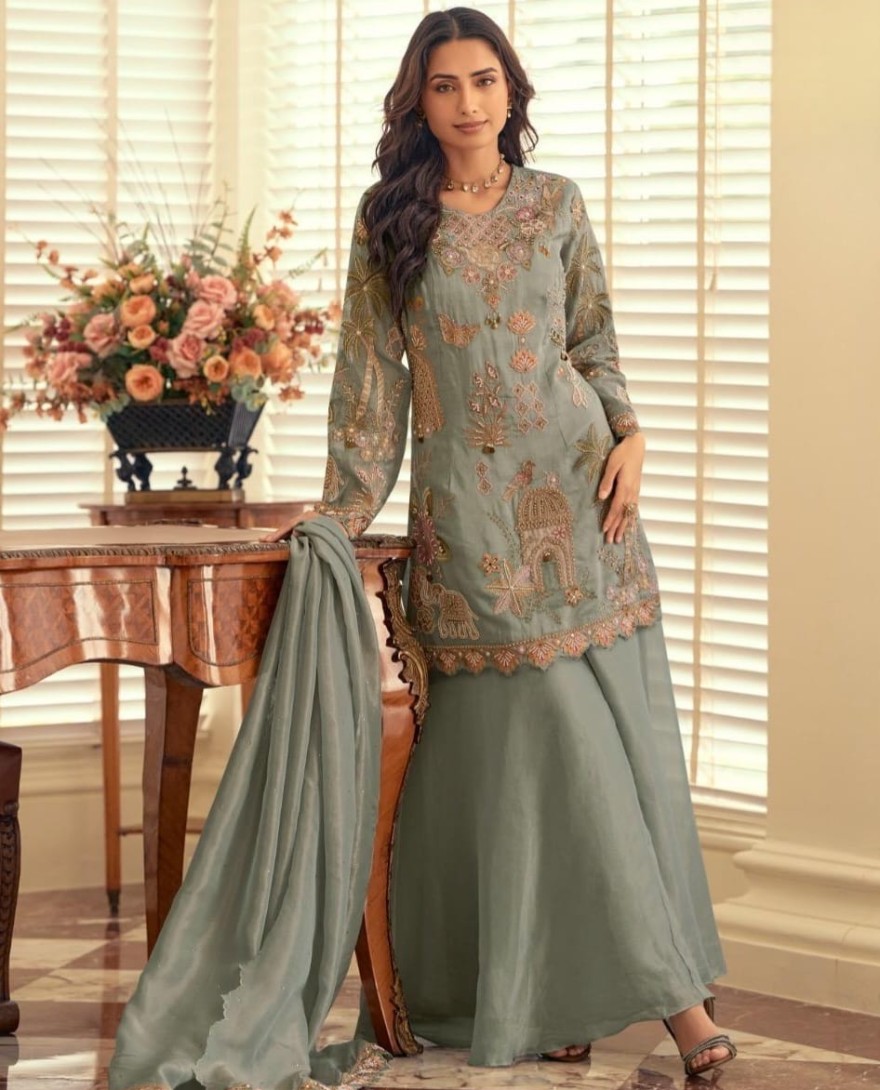 GREEN - Smoke Grey Georgette Palazzo Kameez with Beads Work