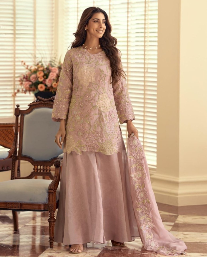 PINK - Lilac Pink Georgette Palazzo Kameez with Beads Work
