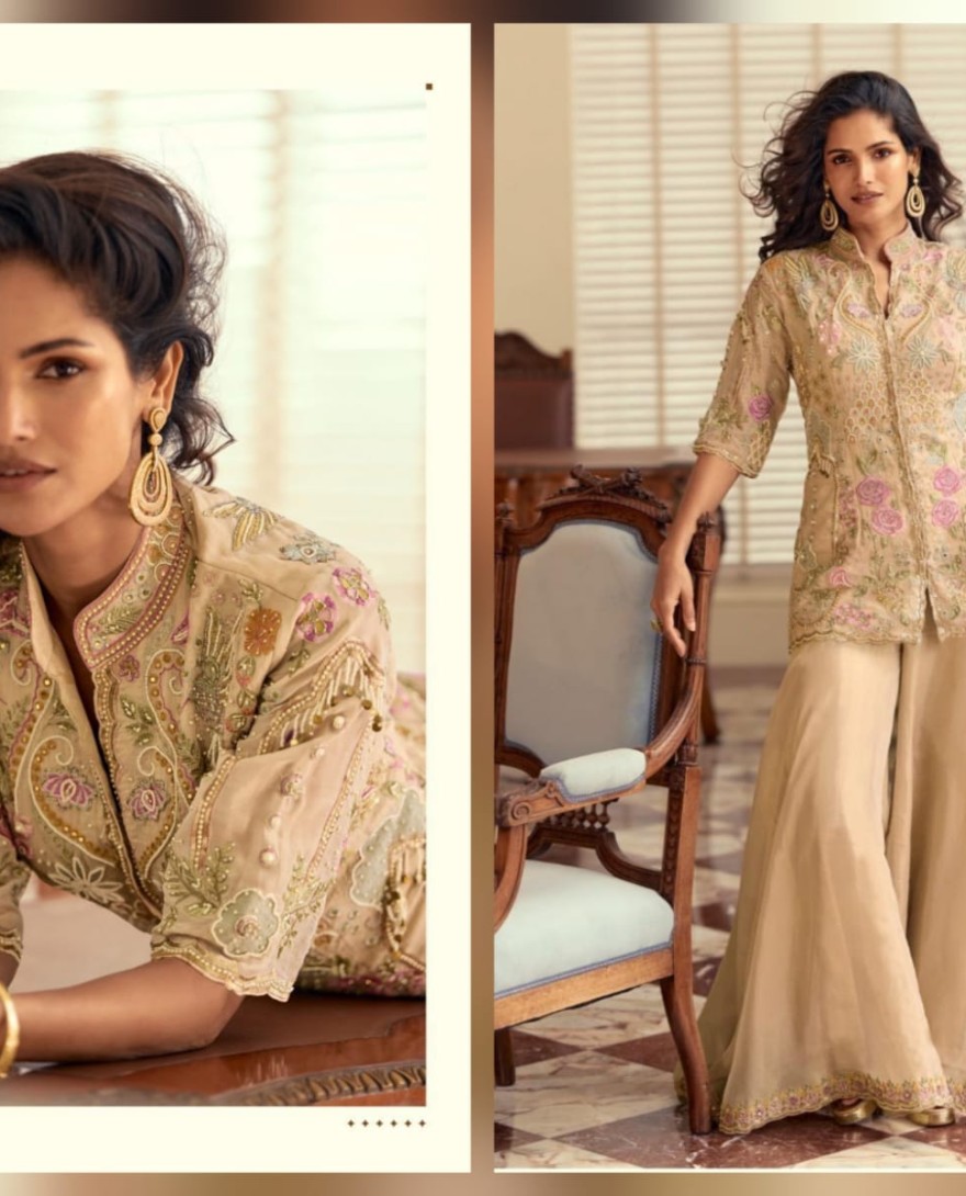 BEIGE - Beige Georgette Palazzo Kameez with Beads Work