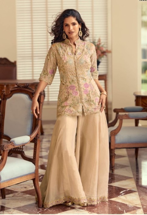Beige Georgette Palazzo Kameez with Beads Work